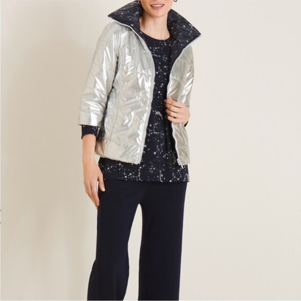 Chico’s Silver Metallic Zenergy Reversible Puffer Jacket
